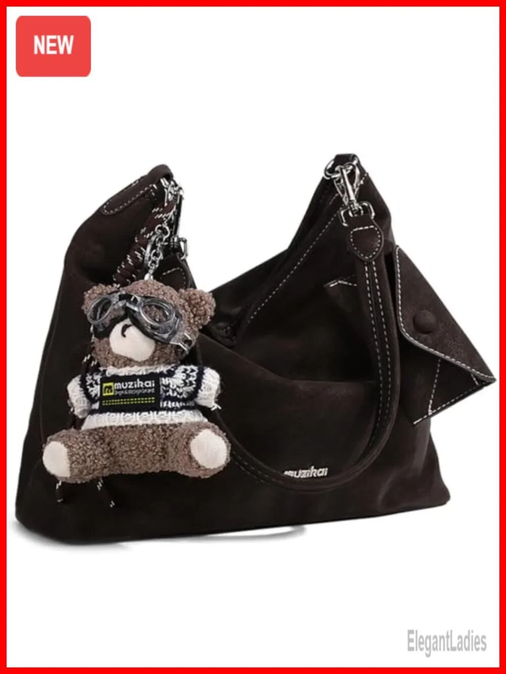 Vintage Hobo Tote Bag Large Capacity Faux Suede Shoulder Bag with Bear Charm